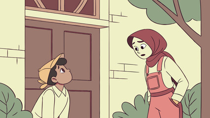Cartoon illustration of a boy looking up at a girl with a hijab near a building and a tree outside