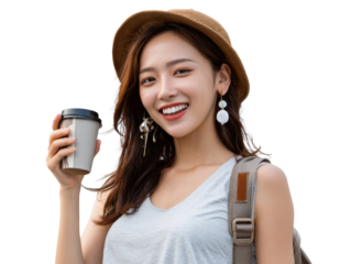 Travel-Ready Radiance: An optimistic young woman, adorned in a sun hat, pauses her adventure for a comforting beverage, her smile radiating pure joy.