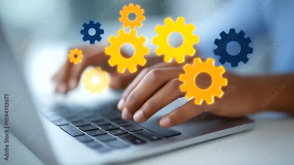 Poster fingers typing on a laptop keyboard with animated gear icons in a digital backdrop.