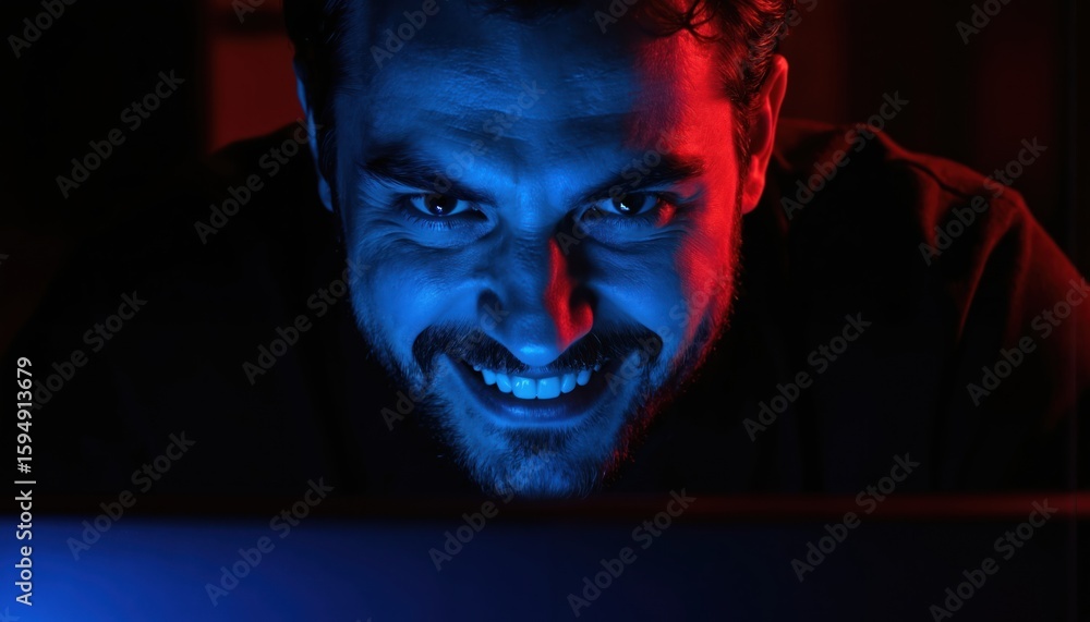 Poster man with evil grin stares intensely at computer screen in red, blue light. mysterious, sinister expr