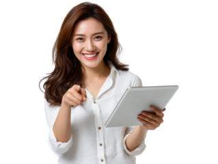Engaging Woman with Tablet: A stylish woman with a beaming smile points towards the viewer while holding a tablet, creating a sense of connection and engagement. 