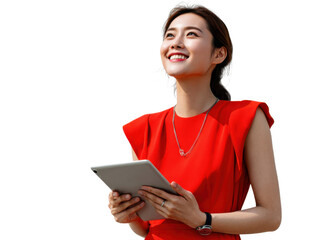 Visionary Woman and Her Tablet: A radiant woman, clad in vibrant red attire, gazes upward with a smile as she holds a tablet.