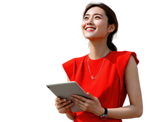 Visionary Woman and Her Tablet: A radiant woman, clad in vibrant red attire, gazes upward with a smile as she holds a tablet.
