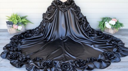 Elegant Black Satin Gown with Rose Embellishments and Dramatic Draping