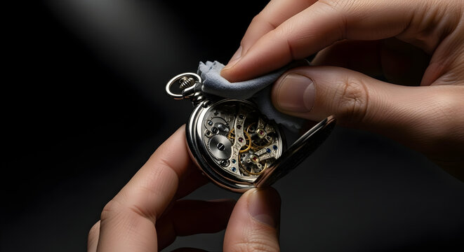 Close-up of a person holding a vintage pocket watch with intricate gears and mechanical details, showcasing craftsmanship and timeless elegance in a dark background