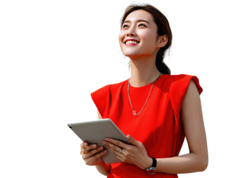 Visionary Woman and Her Tablet: A radiant woman, clad in vibrant red attire, gazes upward with a smile as she holds a tablet.