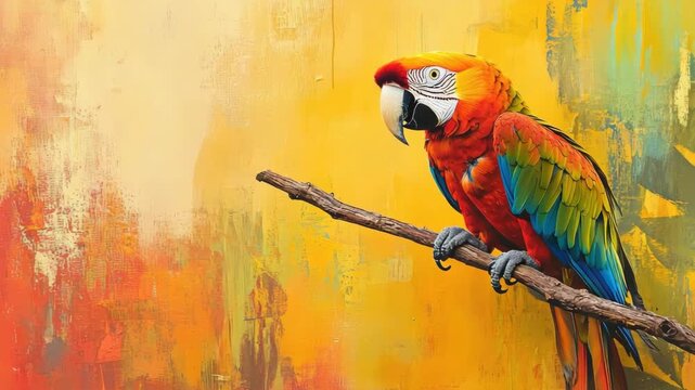 Vibrant macaw perched on branch against colorful abstract background