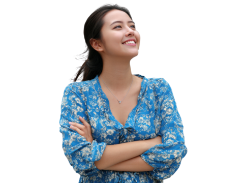 Serene Contemplation: A young woman gazes skyward, her face alight with a gentle smile, her arms crossed in a gesture of self-assurance and peace. A serene and uplifting portrait of optimism.