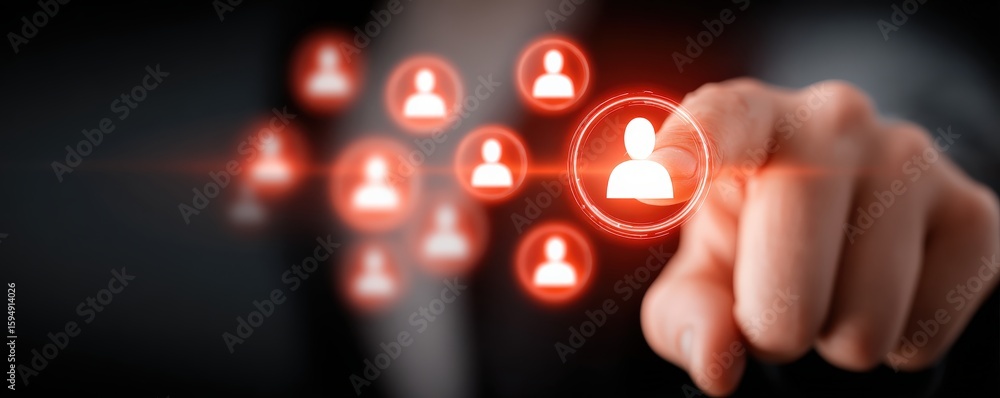 Poster a hand interacts with a glowing digital interface highlighting user icons, representing connectivity