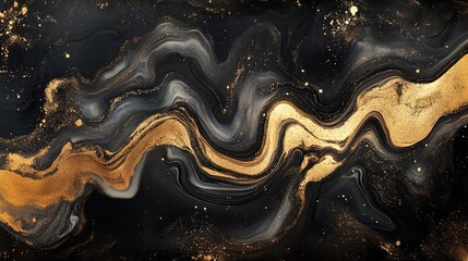 A dynamic black and gold marbled texture with swirls of metallic ink, creating a fluid luxurious look