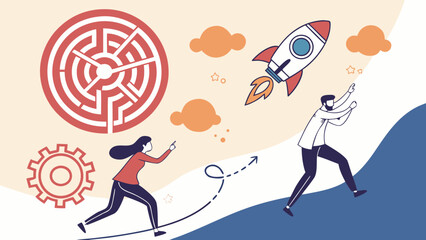 Business people overcoming challenges and launching a rocket for success