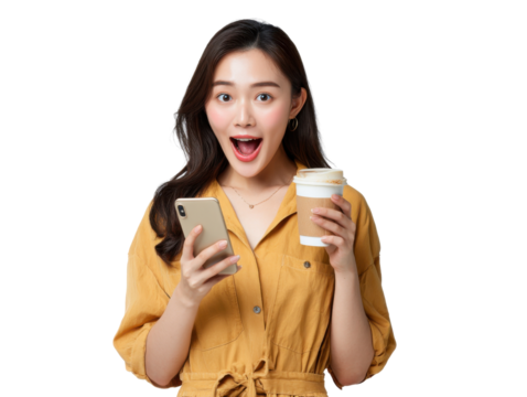 Surprised Asian Woman: A captivating portrait of an asian woman is featured, holding a phone in one hand and a coffee cup in the other, her expression is an essence of surprise and joy.