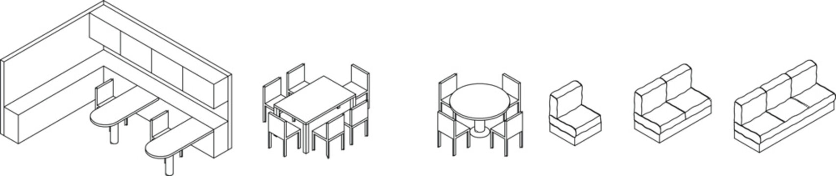  vector isometric views of cafeteria or restaurant seating arrangements. It shows a booth-style setup with L-shaped bench seating and oval tables