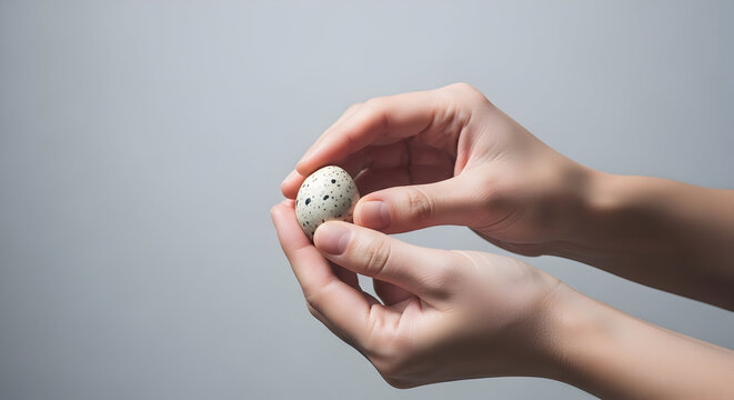 Close-up of a person holding a small speckled eggshell in both hands with a neutral background emphasizing delicate handling and natural textures for health and nature themes