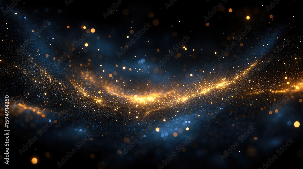 Poster elegant black background with scattered gold particles and soft glowing highlights, creating a luxur