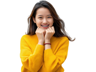 Smiling young woman wearing braces and vibrant yellow sweater