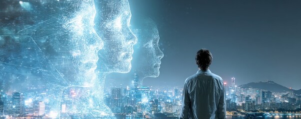 A man stands overlooking a cityscape at night, with holographic digital faces symbolizing AI and futuristic technology in the sky.