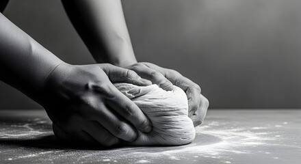 Close-up of hands kneading dough on a floured surface in a bakery or kitchen setting for baking bread or pastries culinary preparation and cooking process