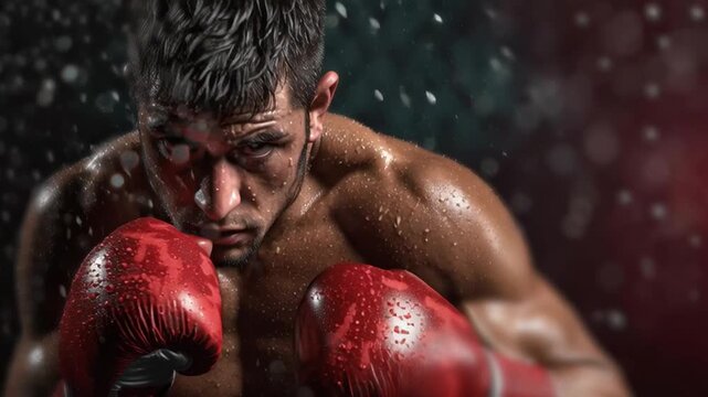 A muscular male boxer wearing red gloves throws a powerful punch in dramatic lighting