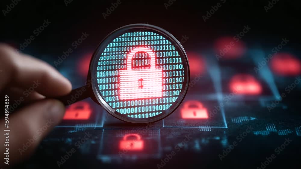 Poster close-up of a red padlock symbolizing cybersecurity measures in a digital network.