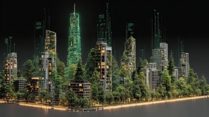 Fototapeta premium Connected eco-smart city with green buildings, AI infrastructure, digital data paths, and urban sustainability interfaces glowing with real-time innovation, energy flow, and clean design.
