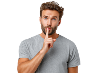 Whispered Secret: A man conveys secrecy, placing a finger to his lips, his eyes conveying a blend of intrigue and discretion. The composition draws viewers into a moment of shared knowledge.