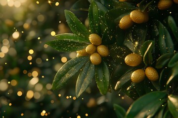 Golden Fruits on Lush Green Foliage with Shimmering Bokeh Lights Background