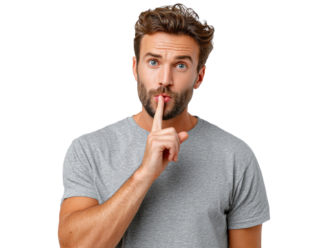 Whispered Secret: A man conveys secrecy, placing a finger to his lips, his eyes conveying a blend of intrigue and discretion. The composition draws viewers into a moment of shared knowledge.