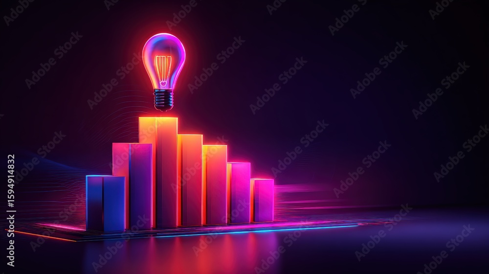 Poster a glowing neon lightbulb floats above a colorful 3d bar chart with ascending and descending bars on 