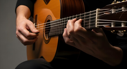Obraz premium Close-up of a person playing an acoustic guitar with focus on hands and strings showcasing musical performance and musical instrument craftsmanship for music enthusiasts and performers