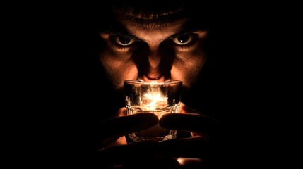 Intense Gaze: Man Illuminated by Candlelight in Shot Glass, Dark Mood