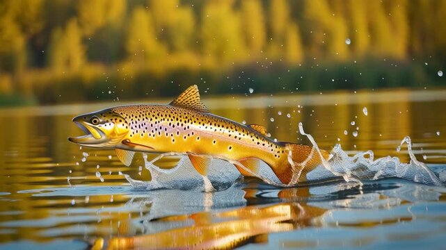 A trout leaps out of a calm lake, sending droplets flying into the air