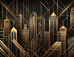 Art deco cityscape with golden skyscrapers and geometric patterns