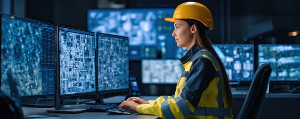 A woman engineer in a safety helmet and reflective jacket monitors multiple complex digital blueprints on several large computer screens in a control room.