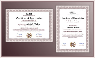 Blue and gold certificate of achievement template with gold badge and border