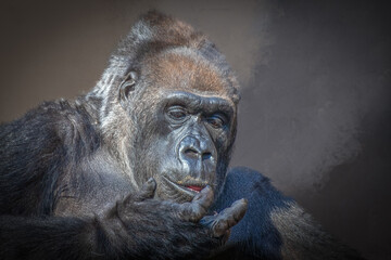 Thoughtful Western Lowland Gorilla Resting Chin on Hand
