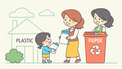 Family teaching children about recycling paper and plastic