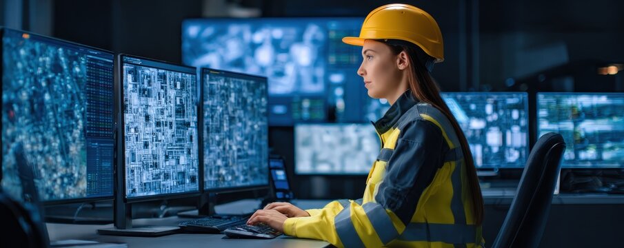 A woman engineer in a safety helmet and reflective jacket monitors multiple complex digital blueprints on several large computer screens in a control room. - Powered by Adobe