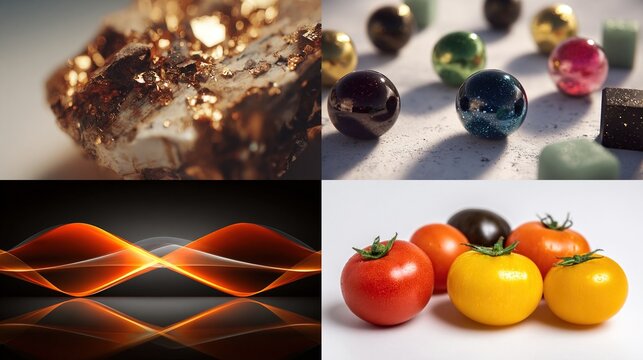 Close-up collage featuring a gold-flecked stone, shiny spheres, glowing orange waves, and assorted tomatoes