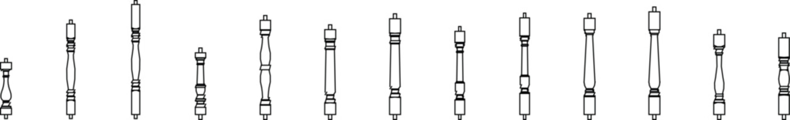 a set of simple vector diagrams illustrating various baluster designs, which are vertical components of a balustrade. The illustrations show different patterns and textures within the elongated shapes