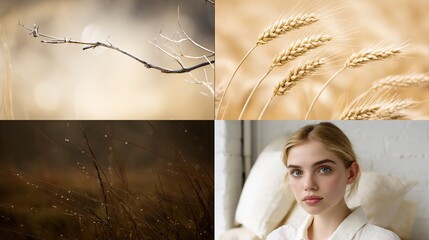 Four-panel image, warm tones, featuring nature and a person. Dried branch, golden wheat, grass with dew drops, and a woman with blonde hair. Soft lighting