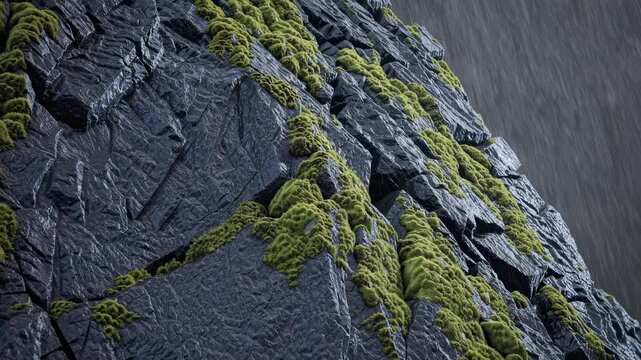 Steep stone cliff wrapped in vibrant green moss characterizes resilience adaptation natural persistence unyielding strength overcoming adversity challenging nature