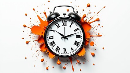 Creativity and time management concept featuring classic alarm clock with black roman numerals and orange paint splashes