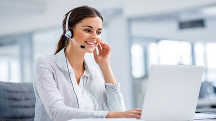 A smiling woman wearing a headset works on a laptop in a bright, modern office, likely engaged in customer support or remote communication.
