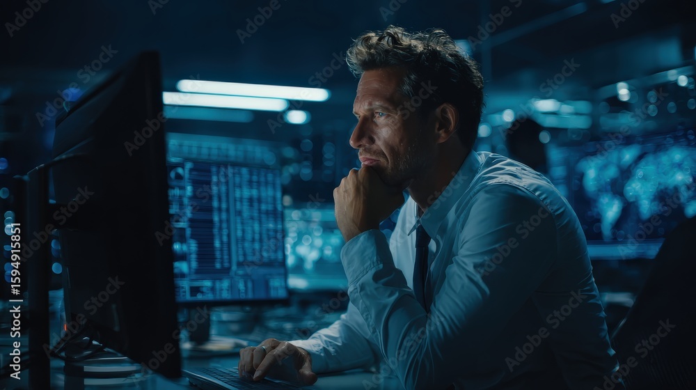 Poster a focused man analyzes data on multiple screens in a dark, high-tech environment, possibly a control