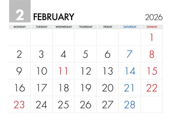 2026年2月のカレンダー月曜始まり