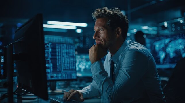 A focused man analyzes data on multiple screens in a dark, high-tech environment, possibly a control room or cybersecurity hub.