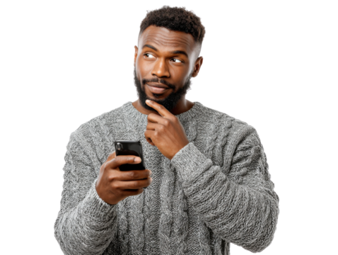 Contemplative Engagement: A thoughtful individual, engrossed in his phone, raises a hand to his chin, embodying the age of information and pondering the digital world.