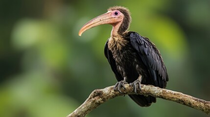 Striking Rufous-necked Hornbill Perched on Branch, Lush Green Background