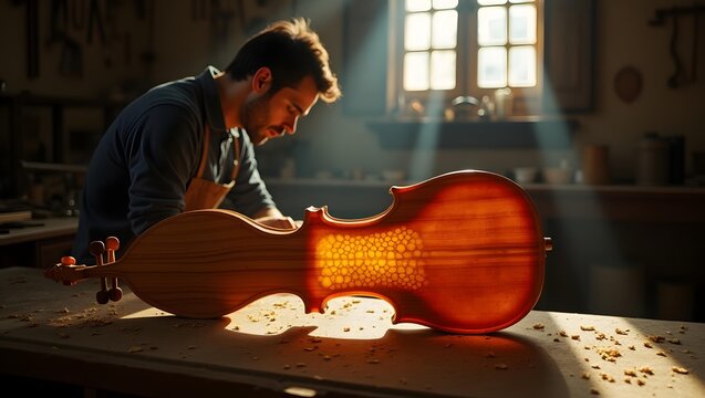 Violin maker crafting a stringed instrument in a sunlit workshop, showing his skilled luthier work and woodworking skills with precision.